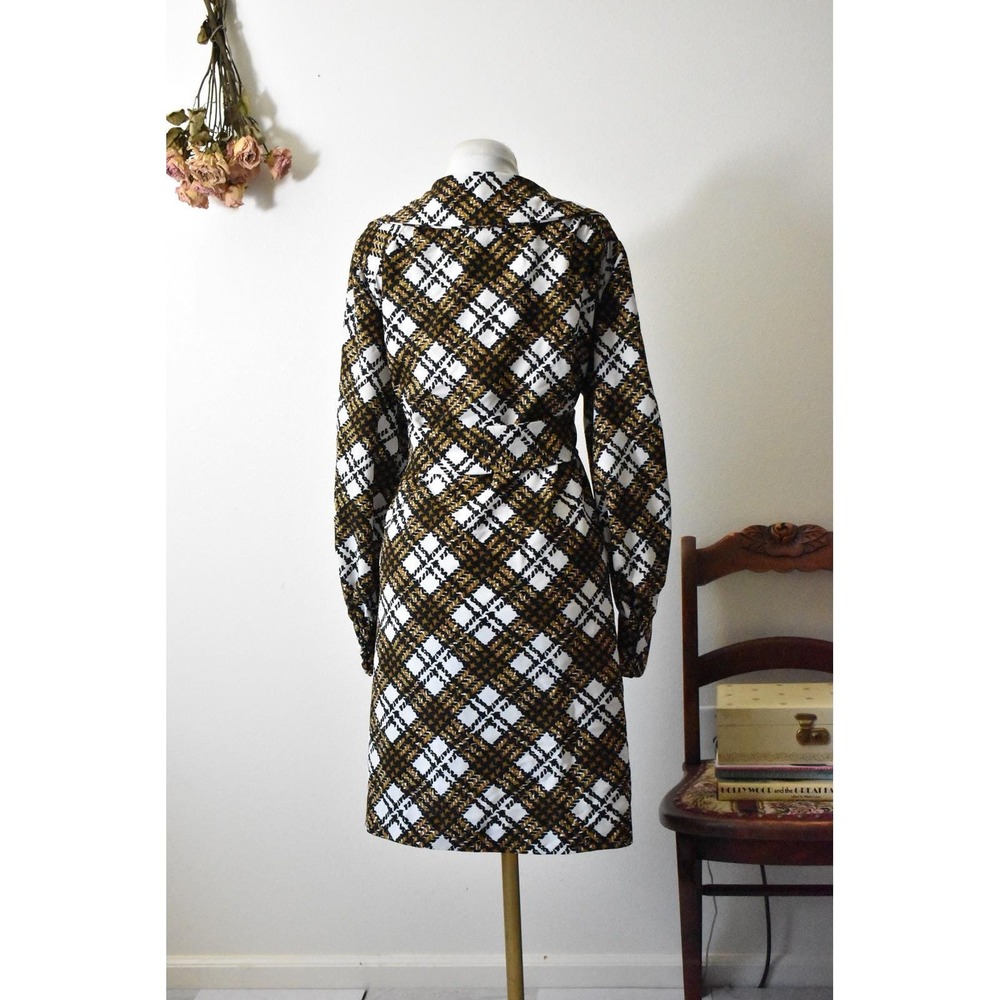 Vintage 70s Mustard Yellow Plaid Wrap Dress V-Neck Long Sleeve Retro Geometric M - Picture 4 of 8